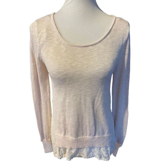 Poof!  Champagne Color Scoop Neck Long Sleeve Lightweight Knit Sweater with Rose - Picture 4 of 10